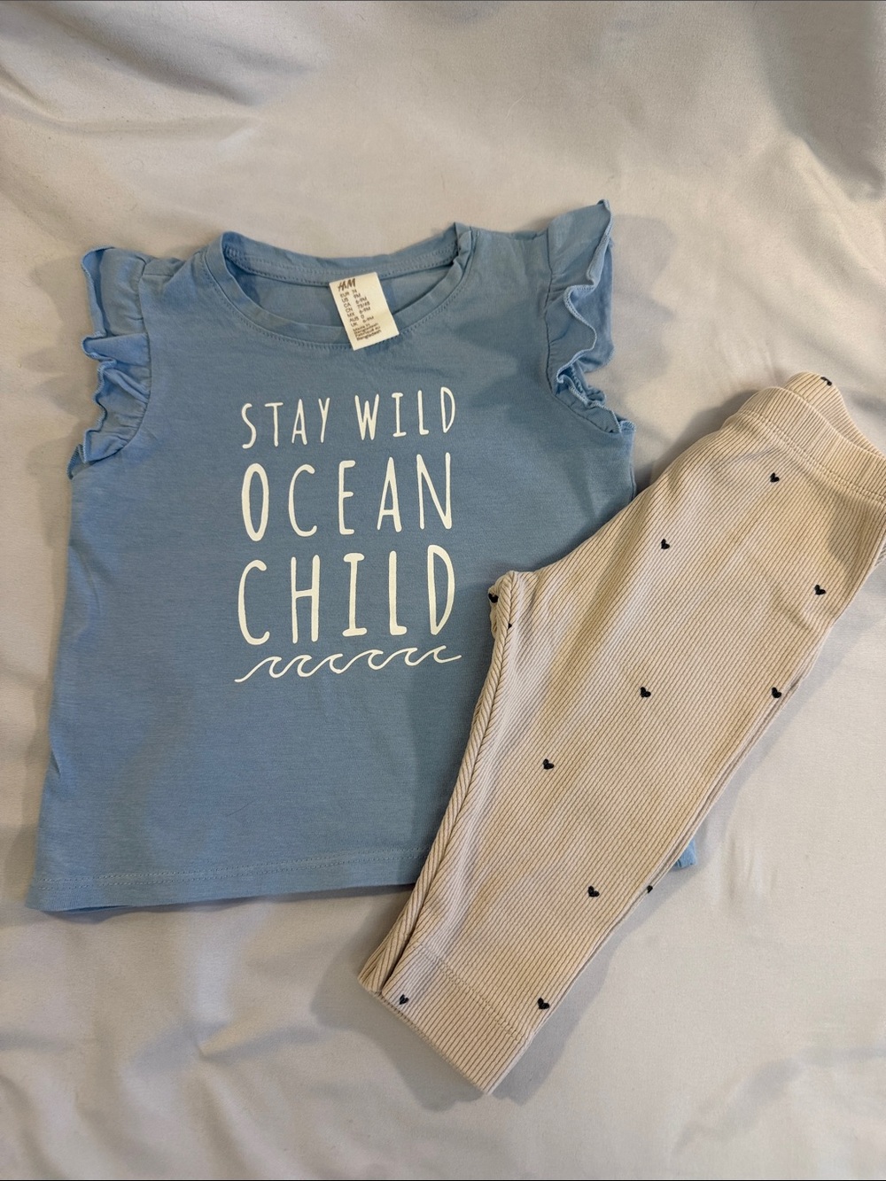 H&M Powder Blue Ruffle Sleeve Baby Tee and pull on ribbed knit pants